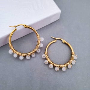 White Crystal Hoop Earrings, Gold filled hoop earrings, 18K Plated Thin Hoop Earrings, Gold Boho Hoops, medium gold hoop, Thin Gold Hoops