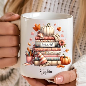 Personalized Fall Book Lover Mug, Custom Name Pumpkin Mug, Cozy Autumn Coffee Cup, Gift for Readers, Pumpkin Fall Book Autumn leaves falling