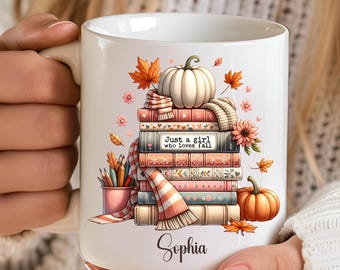 Custom Name Pumpkin Fall Autumn Book Mug, Book Lover Mug, Fall Coffee Mug, Fall Reading Mug, Bookish Mug Bookshelf mug Autumn leaves falling