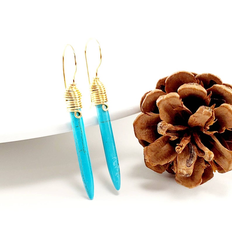 Turquoise Spike Earrings, Turquoise Gypsy Earrings, Long Dangling Earrings, Boho Chic Jewelry, Howlite Stone, mothers day gift, gift for mom Gold