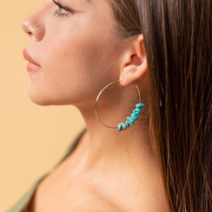 Turquoise thin Hoops, Turquoise Hoop Earrings, Raw Turquoise Earrings, turquoise statement earrings, christmas gifted,christmas gift for mom
