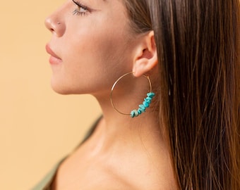 Dainty Earrings, Turquoise thin Hoops, Turquoise Hoop Earrings, Gold hoop earrings, Raw Turquoise Earrings, Dainty Hoops, Colorful Hoops