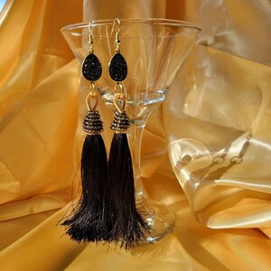 Black Tassel Earrings, Large Tassel Earrings, Dainty Tassel earrings, Stacking Earrings, Dainty Gold Geometric earrings, Large gold earrings image 3