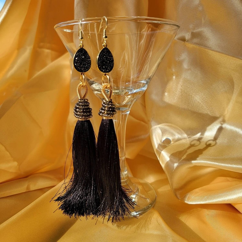 Black Tassel Earrings, Large Tassel Earrings, Dainty Tassel earrings, Stacking Earrings, Dainty Gold Geometric earrings, Large gold earrings image 3