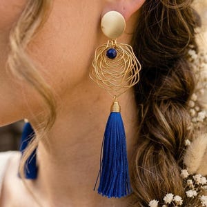 Blue Tassel Drop Earrings, Boho Silk Fringe Statement Dangle Earrings, Handmade Geometric Gold Earrings, Birthday Gift for Her