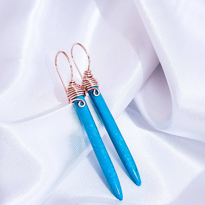 Turquoise Spike Earrings, Turquoise Gypsy Earrings, Long Dangling Earrings, Boho Chic Jewelry, Howlite Stone, mothers day gift, gift for mom Rose gold