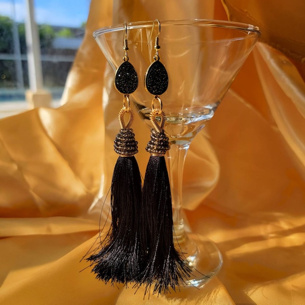 Black Tassel Earrings, Druzy Tassel earrings, Black long earrings, Beaded Tassel Earrings, Large Bohemian earrings,Statement tassel Jewelry