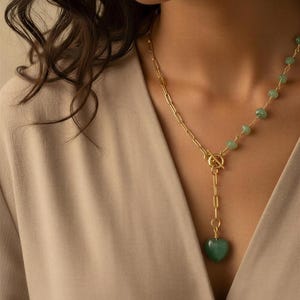 Dainty Aventurine Layering Necklace with Toggle Clasp Heart charm Layered Gold Filled Necklace, Gold Stacked Necklaces, gift-necklace Mother