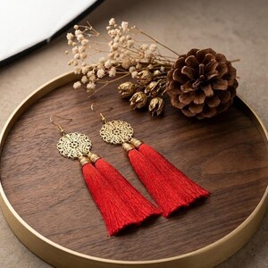 Red Tassel Earrings, Long Bohemian Fringe Dangle Earrings, Bold Statement Drop Earrings, Handmade Festival & Holiday Jewelry, Gift for Her