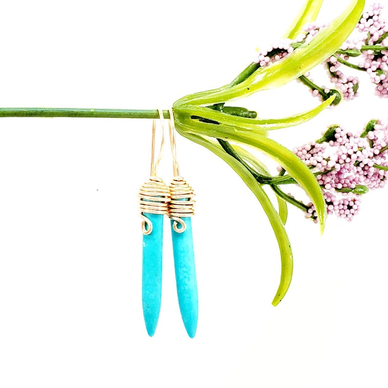 Turquoise Spike Earrings, Turquoise Gypsy Earrings, Long Dangling Earrings, Boho Chic Jewelry, Howlite Stone, mothers day gift, gift for mom image 6