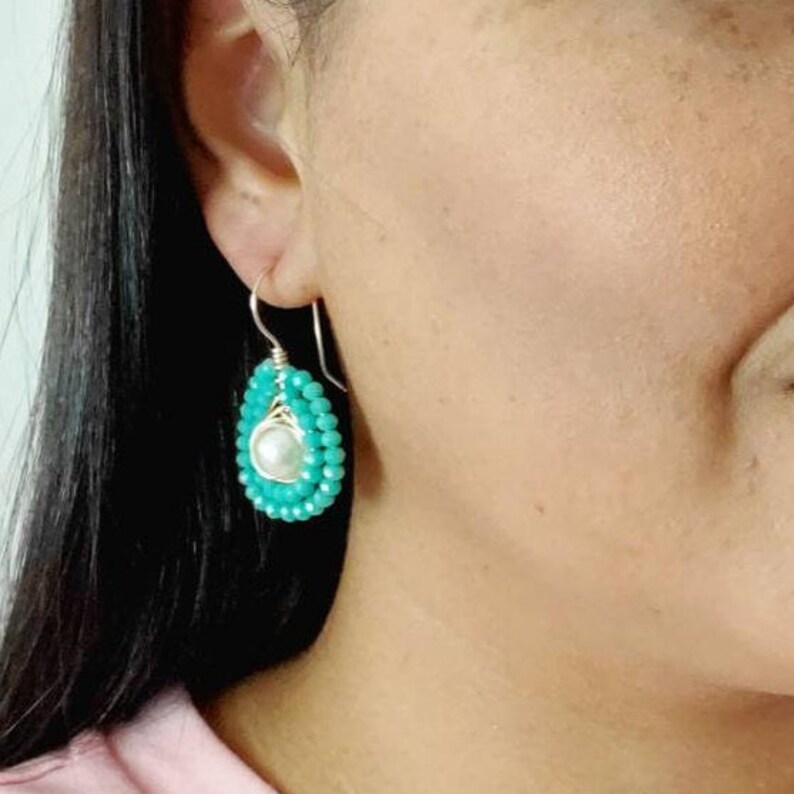 Mint Green Earrings Mint Drop Earrings Crystal and Pearl Etsy