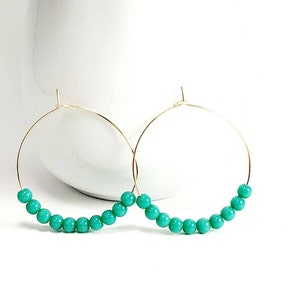 Green Beaded hoop earrings, Turquoise hoop earrings, Large thin hoop earrings, Thin hoop earrings, Beaded hoop earrings, Big hoop earrings