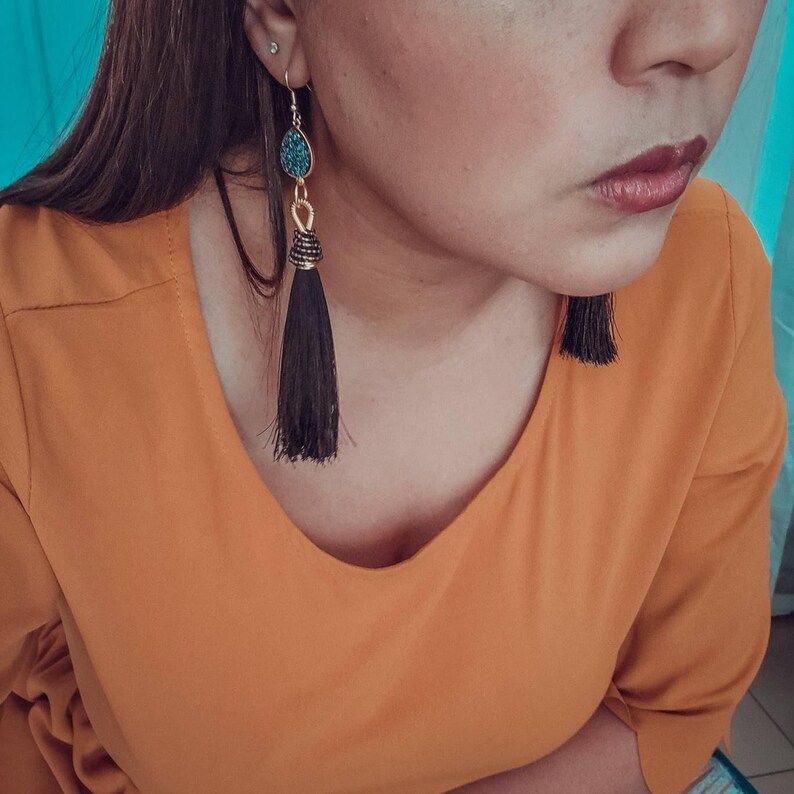 Black Tassel Earrings, Large Tassel Earrings, Dainty Tassel earrings, Stacking Earrings, Dainty Gold Geometric earrings, Large gold earrings image 2