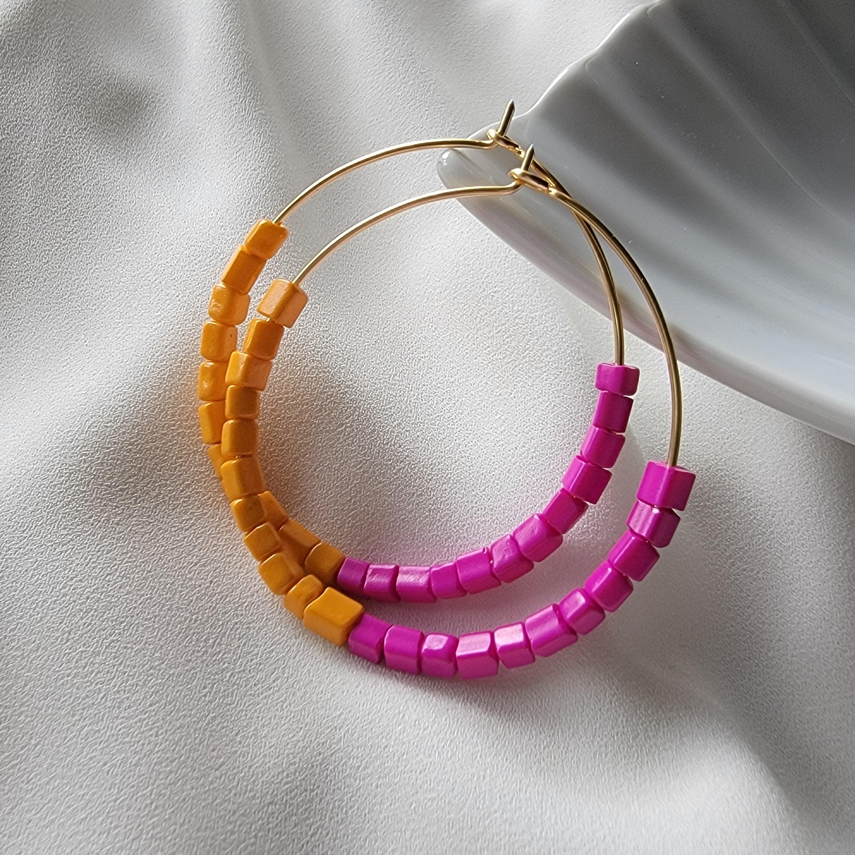 Pink Orange Hoop Earrings, Beaded Thin Hoop Earrings, Gold Filled