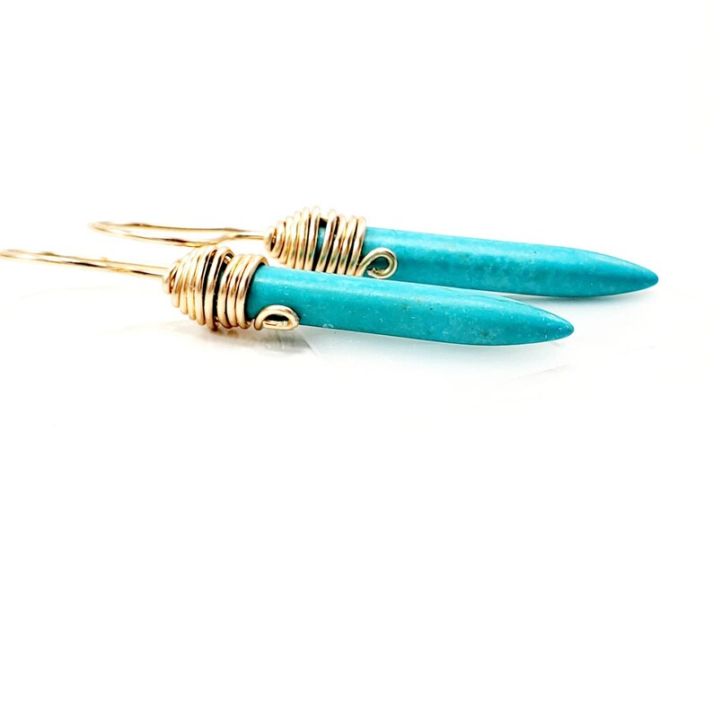 Turquoise Spike Earrings, Turquoise Gypsy Earrings, Long Dangling Earrings, Boho Chic Jewelry, Howlite Stone, mothers day gift, gift for mom image 5