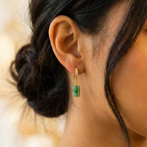 Natural Emerald Huggie Earrings, Green Teardrop Dangle Earrings, May Birthstone Hoop Jewelry, Minimalist Stacking Emerald Drop Earrings Gift