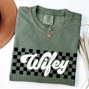 Comfort Colors® Checkered Wifey T-Shirt, Bride Shirt, Bridal Shower Gift, Honeymoon Vibes, Wifey T-Shirt, Bride Groom, Honeymoon T-shirt.