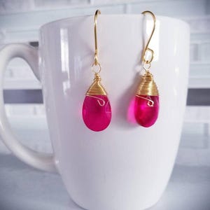 Dainty earrings, Hot pink earrings, Dropping Earrings, Tear drop Earrings, Fuchsia Earrings,  Bridesmaid Teardrop Earrings, Hers Gift