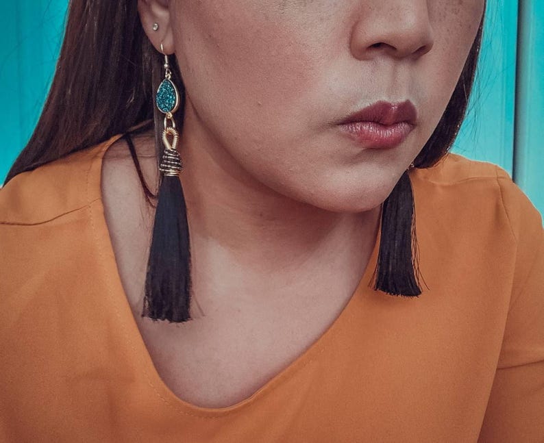 Black Tassel Earrings, Large Tassel Earrings, Dainty Tassel earrings, Stacking Earrings, Dainty Gold Geometric earrings, Large gold earrings image 5