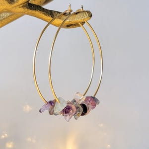 Raw Fluorite Hoop earrings, Rainbow Fluorite Thin Hoop earrings, Crystal Raw crystal earrings, rainbow fluorite, multi colored stones