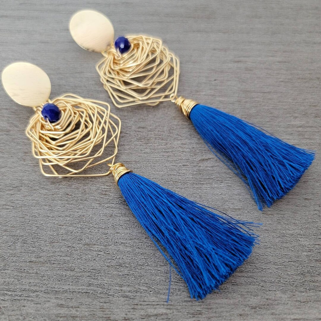 Tassel Earrings Blue Tassel Earrings Gold Tassel Earrings - Etsy