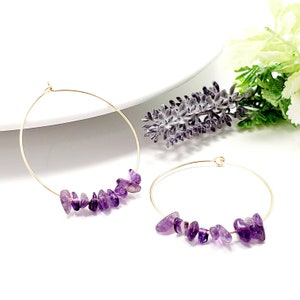 Amethyst Thin hoop earrings, Crystal hoop earrings, minimalistic hoop earrings, gifted earring, giftful daughter, gift for- her, wife gifted