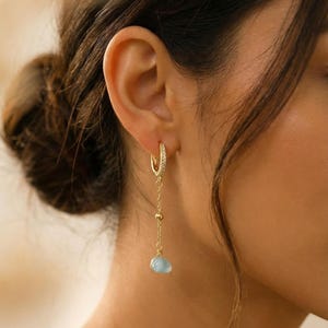 Hoop Aquamarine Earrings, Birthstone Hoop Earrings, Huggie hoop earrings, Threader aquamarine earrings, Raw Aquamarine Hoops, Hers Gift