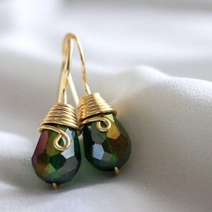 Tiny drop earrings, Teardrop earrings,Raw crystal earrings, Dark green earrings, Unusual earrings, Boho bride earrings, Wedding earrings