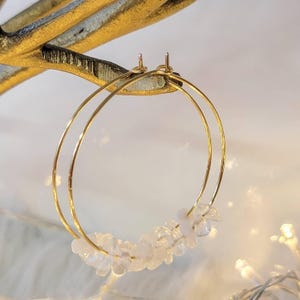 Clear Quartz Hoop Earrings, Large Thin Crystal Hoop Earrings, Raw crystal earrings, Gold hoop earrings, Extra thin hoop, Big hoops,Hers gift