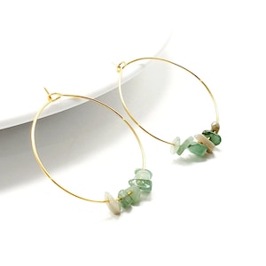 Aventurine Earrings, GEMSTONE HOOP EARRINGS, Raw Crystal hoop earrings, Raw stone earrings, thin wire hoop, wire wrap hoop, flat gold hoop