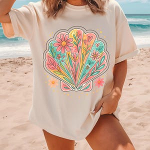 Vintage Seashells Tshirt Comfort Colors Cotton Cottagecore Aesthetic Shirt Nautical Tee Ocean Swimsuit Coverup Oversized Coastal Surf Shirt