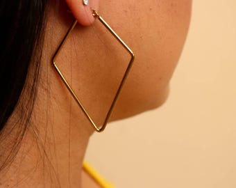 Rhombus hoop earrings, Thin gold hoops, Large geometric earrings,Gold filled hoops, Light Weight Earrings, giftful daughter, gift for- her