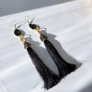 Black Tassel Earrings, Large Tassel Earrings, Dainty Tassel earrings, Stacking Earrings, Dainty Gold Geometric earrings, Large gold earrings image 4