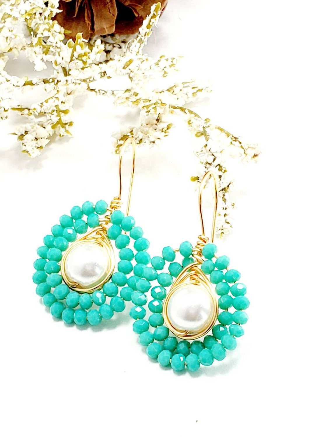 Mint Green Earrings, Mint Drop Earrings, Crystal and Pearl Drop