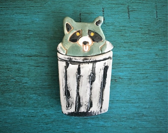 Ceramic Raccoon in Trash Can Magnet or Ornament