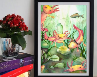 WATERCOLOUR PRINT / Underwater poster / Fine art print / Axolotl / Mexican newts / Pink newts / BESTSELLER