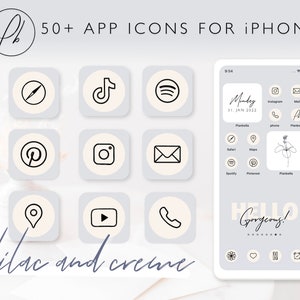 App Icons for iPhone iOS with wallpaper| beige creme, lilac violet lavender | minimal thin lines | 50 + Icon Pack Bundle for iOS Home Screen