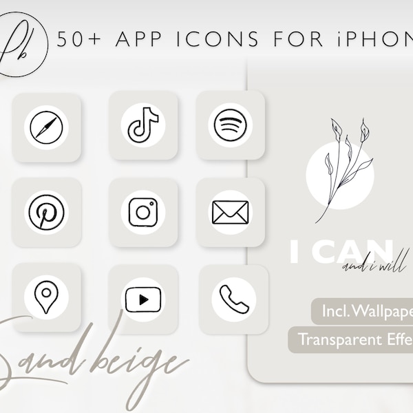 App Icons für iPhone iOS mit Wallpaper | sand beige, sand-farben | minimalistisch dünne Linien | 50+ Icon Pack Bundle Homescreen