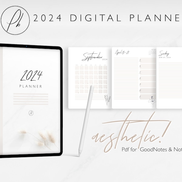 2024 Digital Planner Journal Notebook pour iPad Tablet beige minimaliste | PDF vertical daté avec hyperlien Goodnotes Notabilité