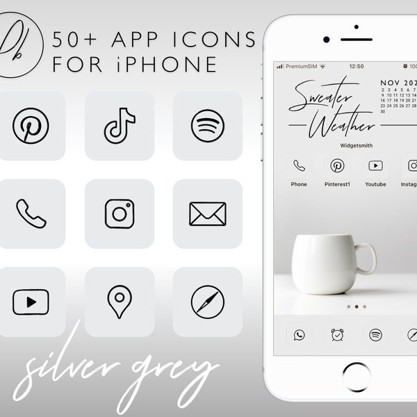 App Icons for iPhone iOS14 | silver grey, monochrome, light gray | minimal thin lines | 50 + App Icon Covers for iOS 14 Home Screen