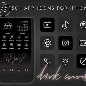 App Icons for iPhone iOS14 Dark Mode |white on black and grey | minimal neutral thin lines | 50 + App Icon Pack for iOS 14 Home Screen