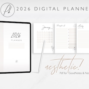 2026 Digitaler Planer Journal Notizbuch für iPad / Android Tablet beige minimalistisch | Datiert Hyperlinked PDF Goodnotes Notability