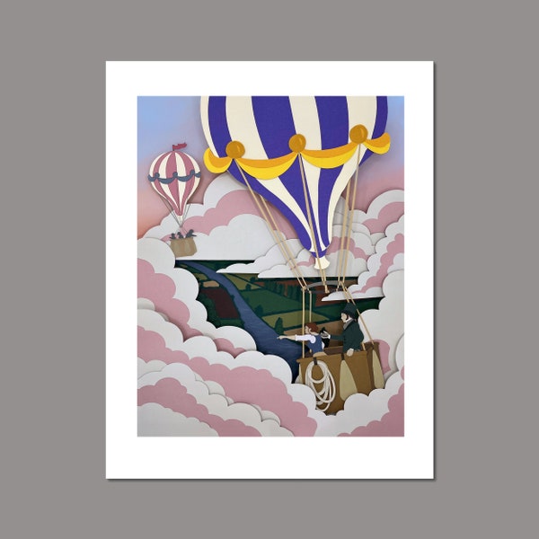 11inx14in Victorian Hot Air Balloon Race Print from an Original Paper Cut Illustration. Vintage Inspired UNFRAMED Print