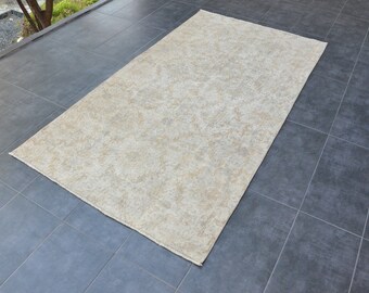 Vintage Turkish Oushak Wool Rug: Pastel Beige Bohemian Area Rug (3'8x7'0)