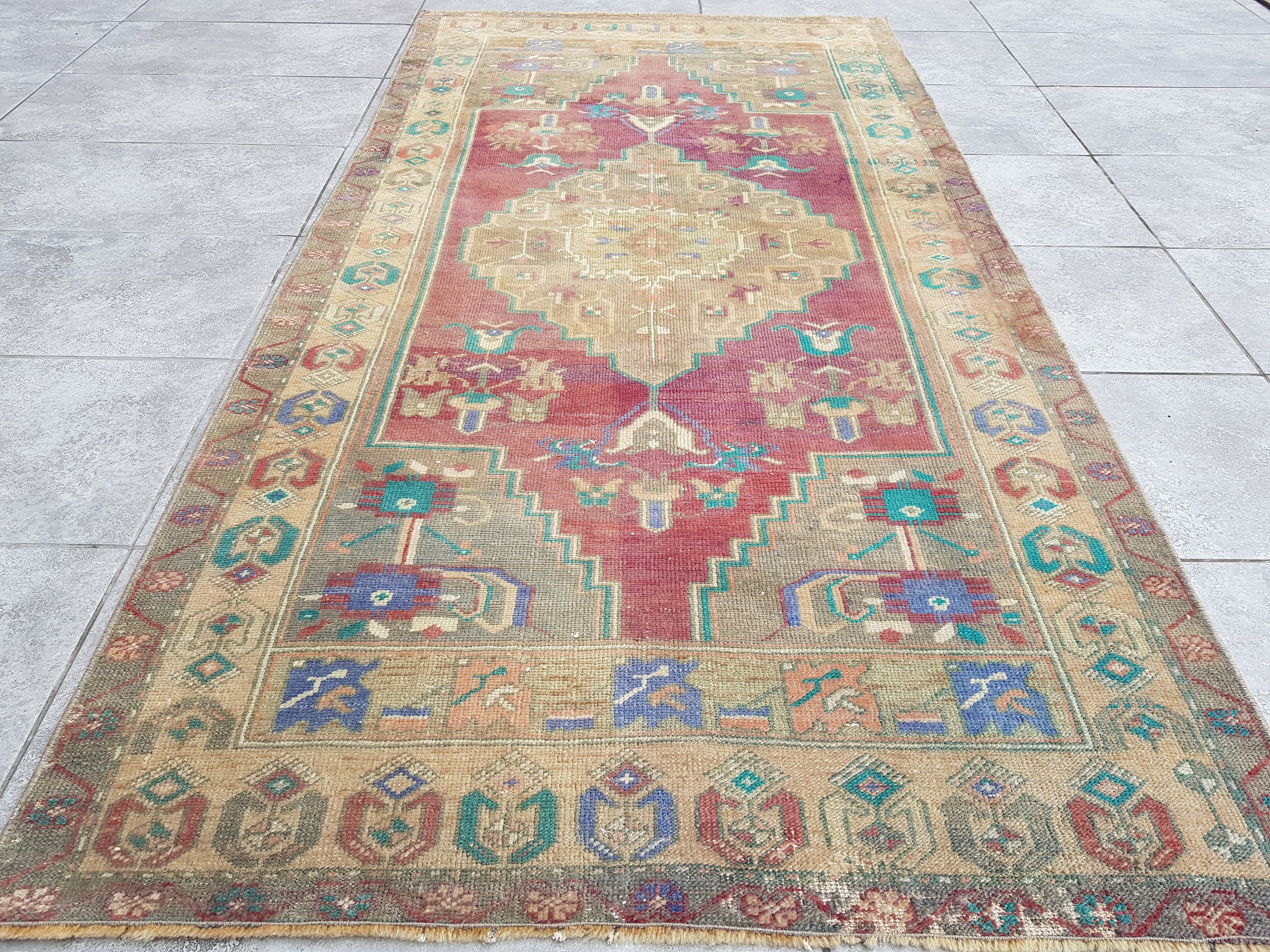 Turkish Wool Rug, 3x6 Floor Aztec Rug, 3x6 Burgundy Rug, Antique Modern ...