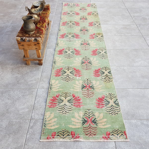 Neutral Runner Rug, Green & Red Rug, 2x8 Green Rug, Traditional Rug, Boho Runner Rug, 2x8 Turkish Rug, Farmhouse Rug, Nursery Rug, 250x60 Cm