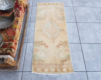 Small Wool Door Mat, Pastel Vintage Rug, Entry Oushak Rug, Beige, Green, Blue, Turkish Rug, Oriental Dorm Rug, Muted Azrec Rug, 99.39 Cm