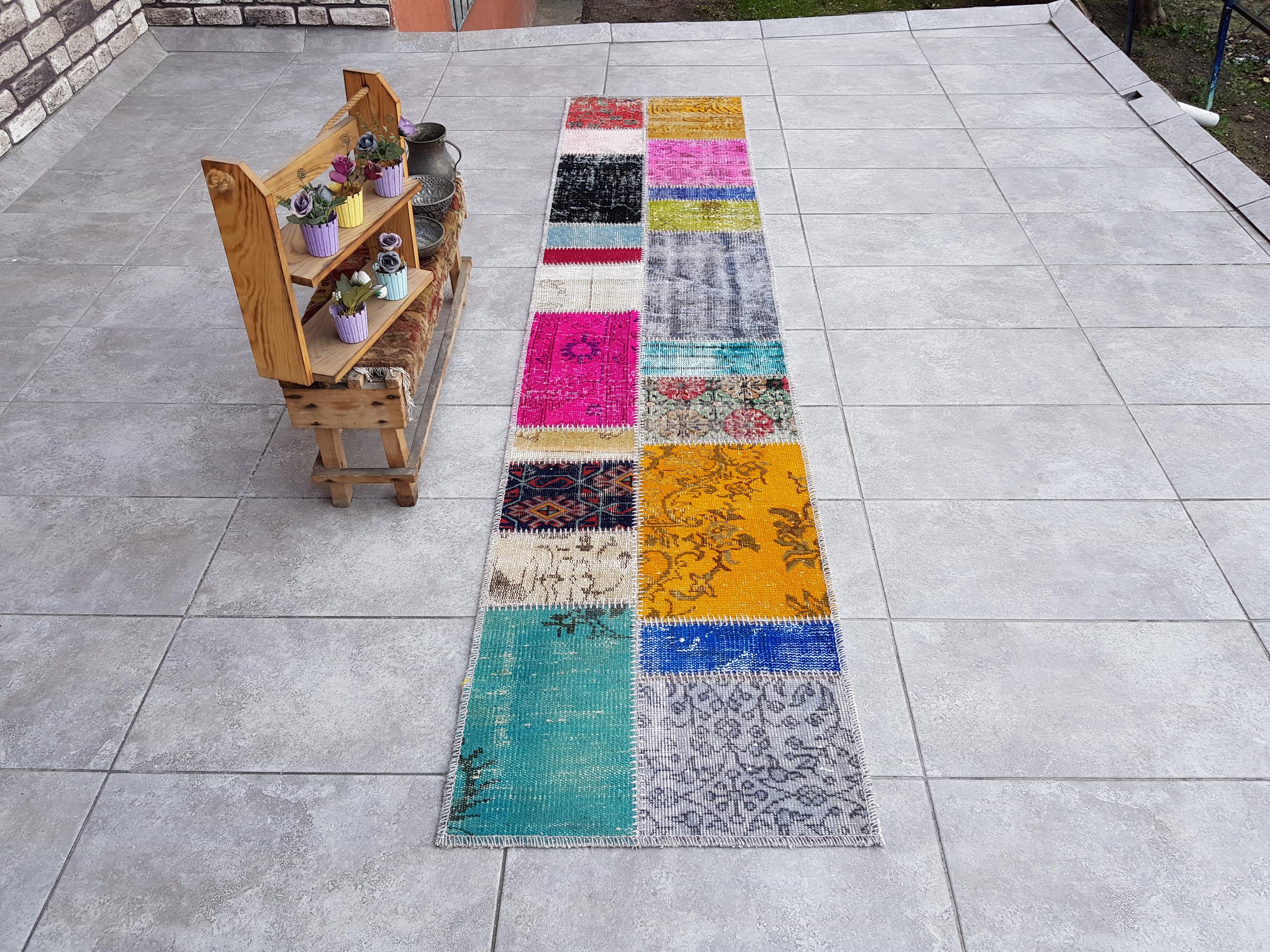 パッチワーク ウシャック ランナーラグ、2x9 ヴィンテージ トルコ