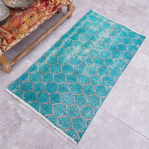 Turquoise Vintage Carpet, Patio Outdoor Rug, Minis Authentic Rug, Wool Entry Rug, Antique Accent Rug, Door Mat Rug, Area Rug, 108x54 Cm