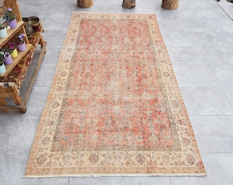 Unique Hand Made Rug, Vintage Orange Rug, Muted Rug, 4x7 Oushak Faded Rug, Oriental Rug, 4x7 Turkish Rug, İnteriour Designer Rug, 209x111 Cm